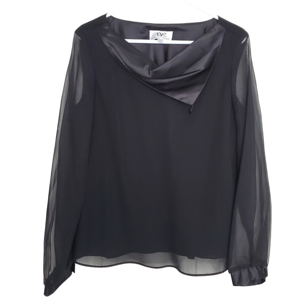Vintage Black Sheer Lined Draped Neckline Long Sheer Balloon Sleeve Top SZ:12